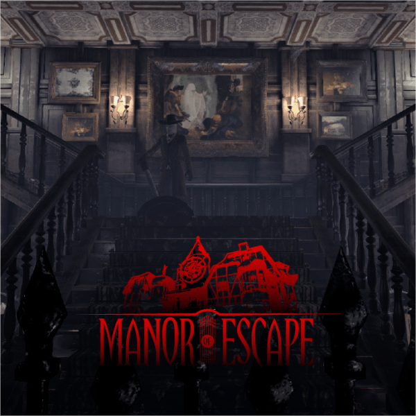 Manor of Escape logo with a big staircase in the background. Someone mysterious is standing at the top