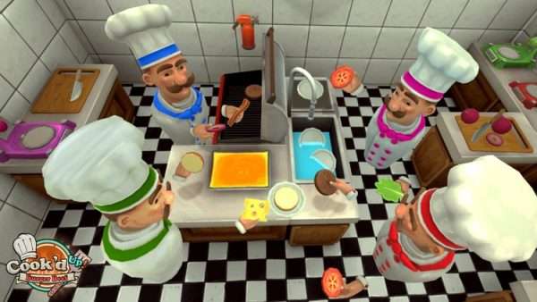 4 cooks in Cook'd Up working in the kitchen